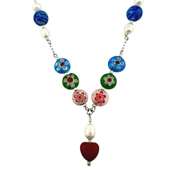 Handmade Millefiori Multicolor Italian Glass Freshwater Pearl 18" Necklace - Picture 3 of 5